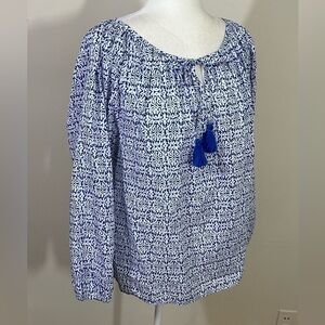 J. Crew sz med top, tunic boho style. Blue stripe Tie at the neckline.
